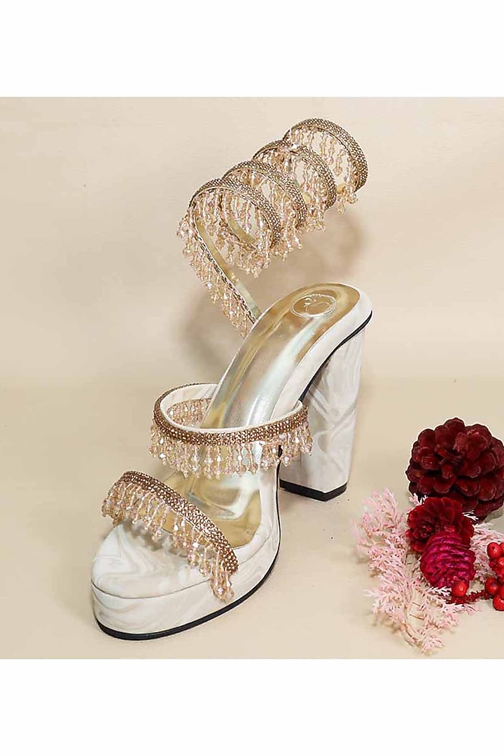 Beige Synthetic Leather Crystal Embellished Heels by Sana K Luxurious Footwear at Pernia's Pop Up Shop