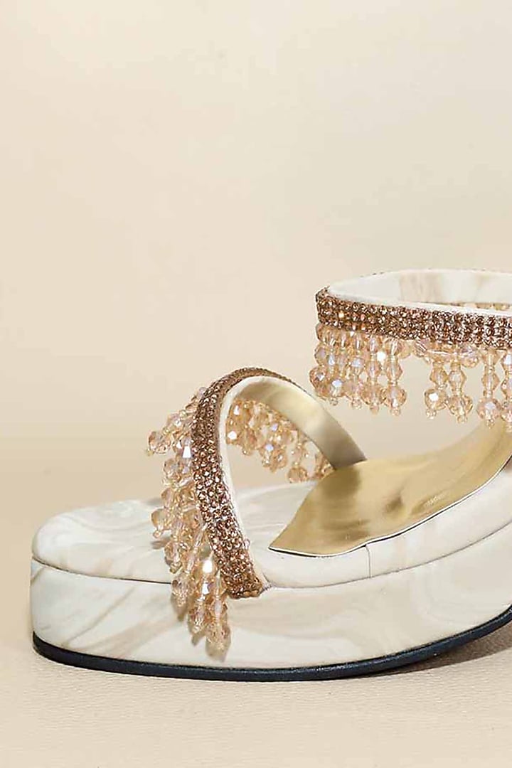 Beige Synthetic Leather Crystal Embellished Heels by Sana K Luxurious Footwear at Pernia's Pop Up Shop