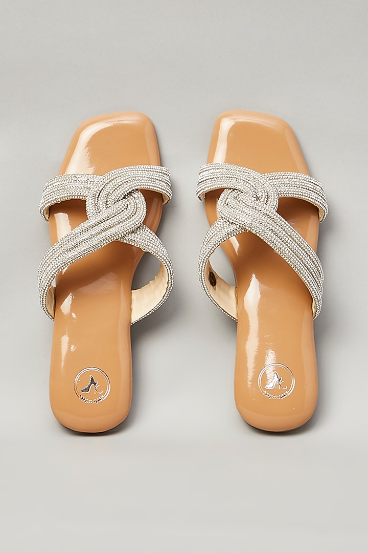 Beige Pu Faux Leather Vegan Embellished Flats by Sana K Luxurious Footwear at Pernia's Pop Up Shop