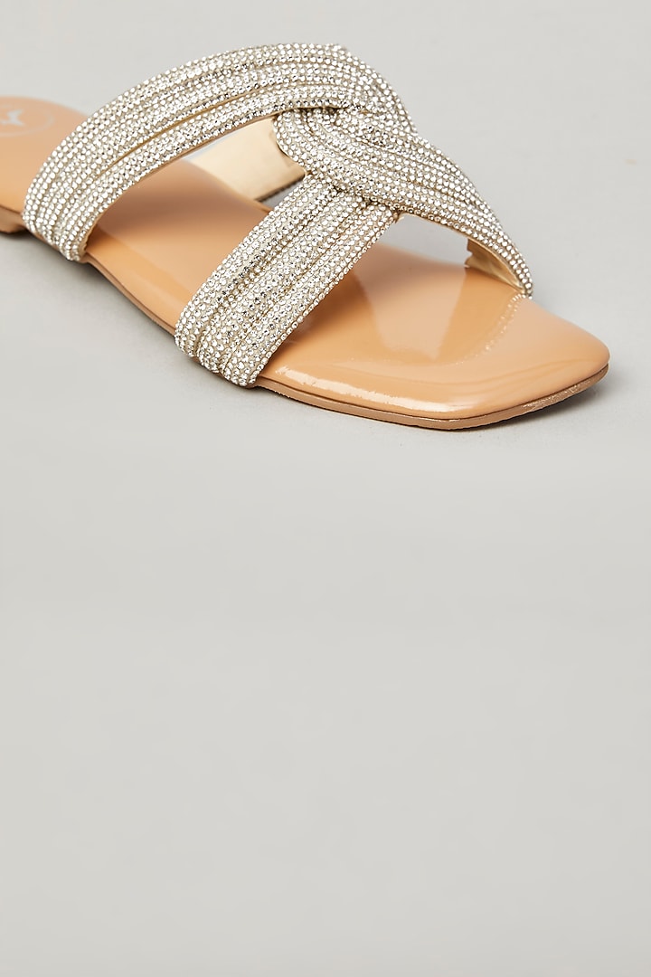Beige Pu Faux Leather Vegan Embellished Flats by Sana K Luxurious Footwear at Pernia's Pop Up Shop