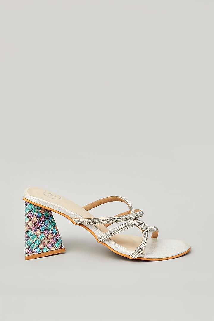 Silver Pu Faux Leather Vegan Embellished Heels by Sana K Luxurious Footwear at Pernia's Pop Up Shop