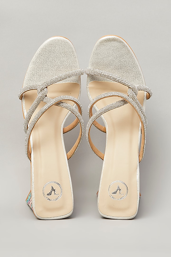 Silver Pu Faux Leather Vegan Embellished Heels by Sana K Luxurious Footwear at Pernia's Pop Up Shop