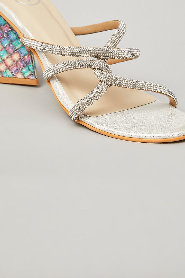 Silver Pu Faux Leather Vegan Embellished Heels by Sana K Luxurious Footwear at Pernia's Pop Up Shop