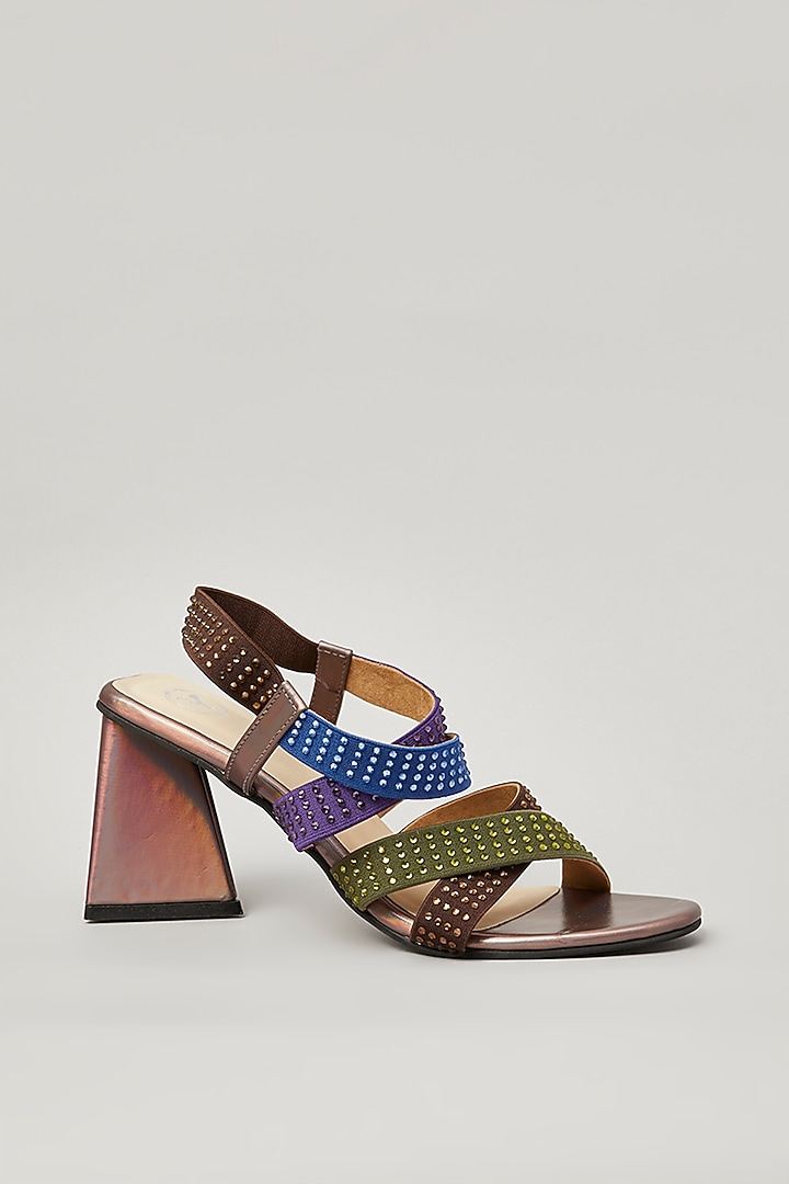Brown Pu Faux Leather Vegan Embellished Heels by Sana K Luxurious Footwear at Pernia's Pop Up Shop