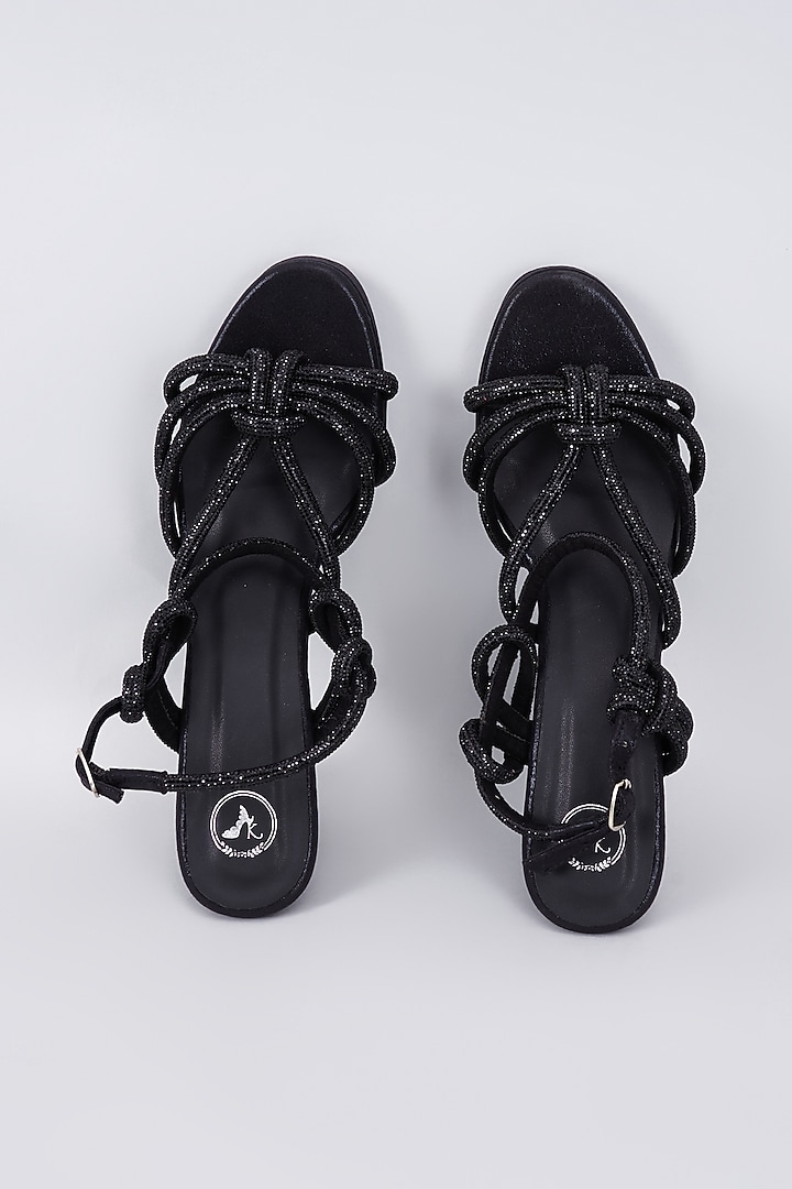 Black Synthetic & Vegan Rhinestone Embellished Bell Bottom Heels by Sana K Luxurious Footwear at Pernia's Pop Up Shop