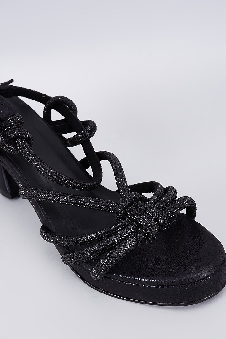 Black Synthetic & Vegan Rhinestone Embellished Bell Bottom Heels by Sana K Luxurious Footwear at Pernia's Pop Up Shop