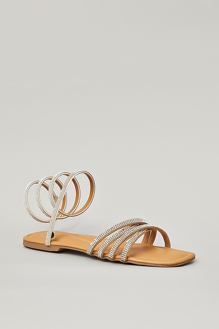 Champagne Gold Pu Faux Leather Vegan Embellished Sandals by Sana K Luxurious Footwear at Pernia's Pop Up Shop