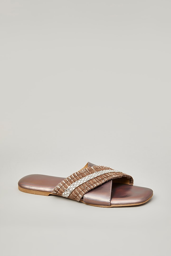 Brown Pu Faux Leather Vegan Embellished Flats by Sana K Luxurious Footwear at Pernia's Pop Up Shop