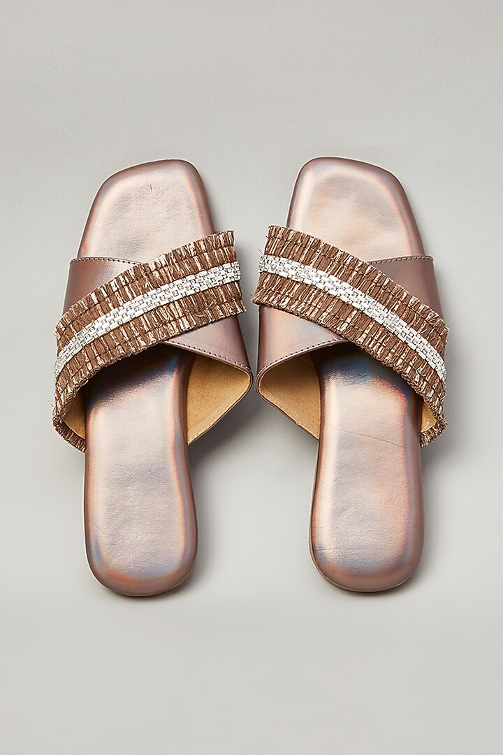 Brown Pu Faux Leather Vegan Embellished Flats by Sana K Luxurious Footwear at Pernia's Pop Up Shop