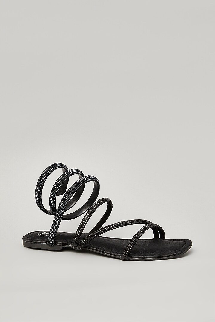 Black Pu Faux Leather Vegan Embellished Sandals by Sana K Luxurious Footwear at Pernia's Pop Up Shop