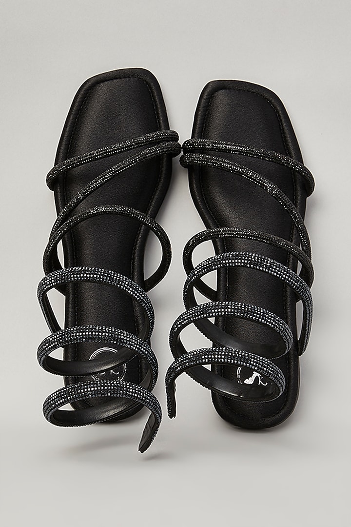 Black Pu Faux Leather Vegan Embellished Sandals by Sana K Luxurious Footwear at Pernia's Pop Up Shop