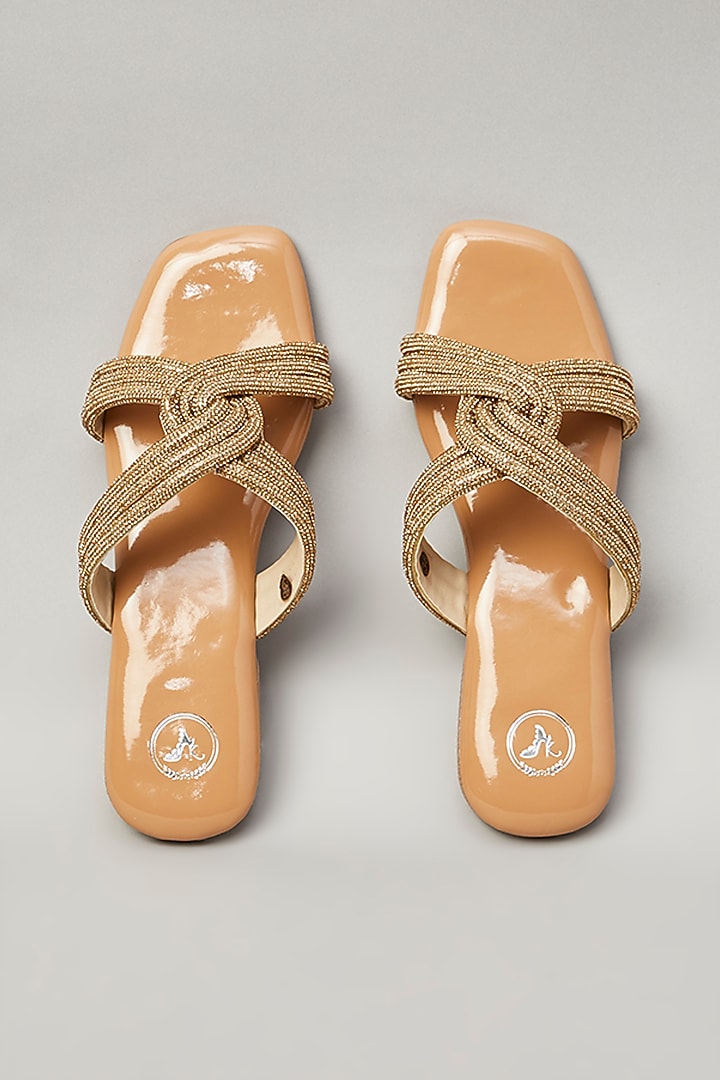 Gold Pu Faux Leather Vegan Embellished Flats by Sana K Luxurious Footwear at Pernia's Pop Up Shop