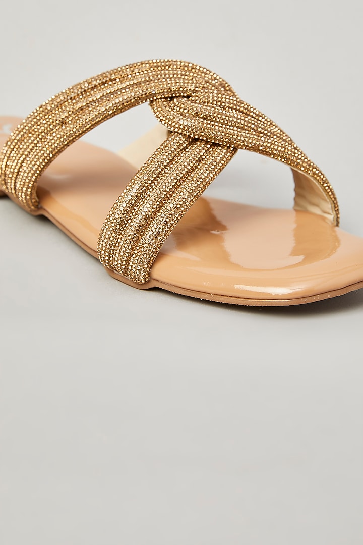 Gold Pu Faux Leather Vegan Embellished Flats by Sana K Luxurious Footwear at Pernia's Pop Up Shop