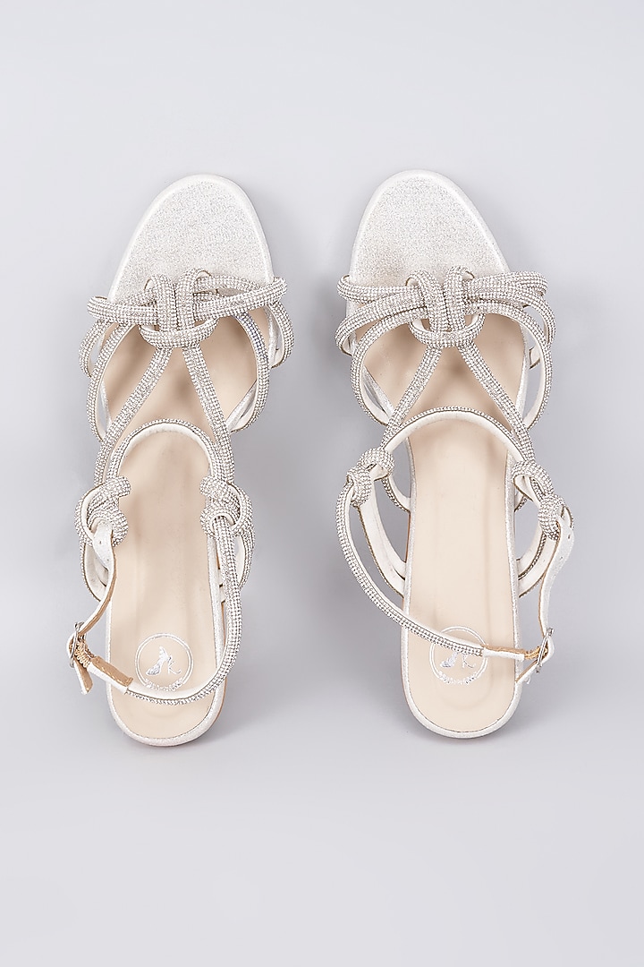 Silver Synthetic & Vegan Rhinestone Embellished Bell Bottom Heels by Sana K Luxurious Footwear at Pernia's Pop Up Shop