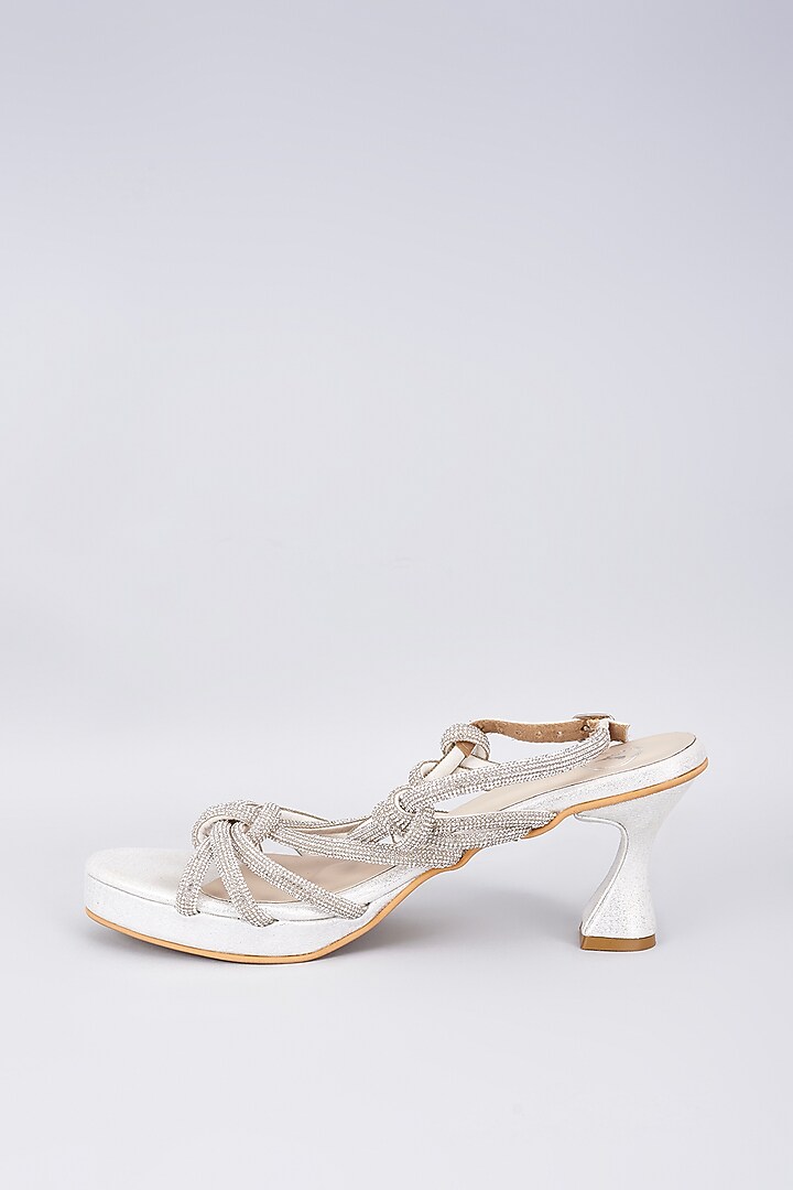 Silver Synthetic & Vegan Rhinestone Embellished Bell Bottom Heels by Sana K Luxurious Footwear at Pernia's Pop Up Shop
