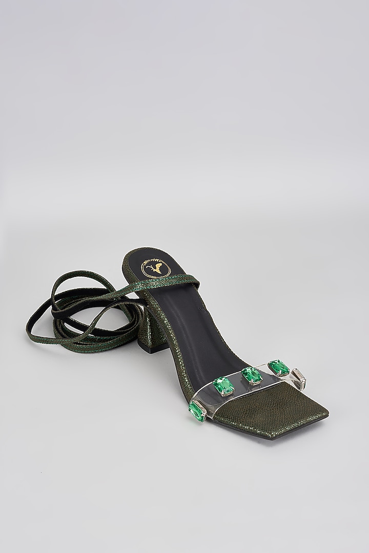 Green Vegan Synthetic Stone Embellished Heels by Sana K Luxurious Footwear at Pernia's Pop Up Shop