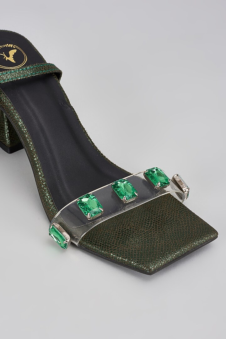Green Vegan Synthetic Stone Embellished Heels by Sana K Luxurious Footwear at Pernia's Pop Up Shop