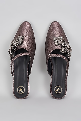 Bronze Vegan Synthetic & Faux Leather Diamond Embellished Mules by Sana K Luxurious Footwear