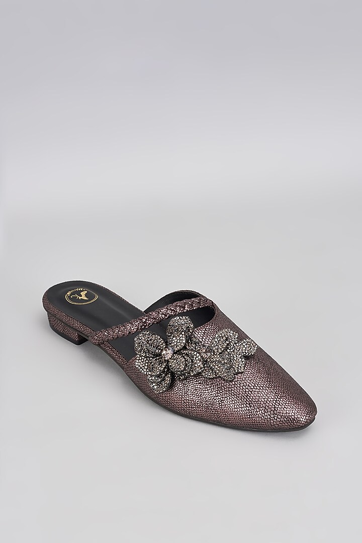 Bronze Vegan Synthetic & Faux Leather Diamond Embellished Mules by Sana K Luxurious Footwear at Pernia's Pop Up Shop