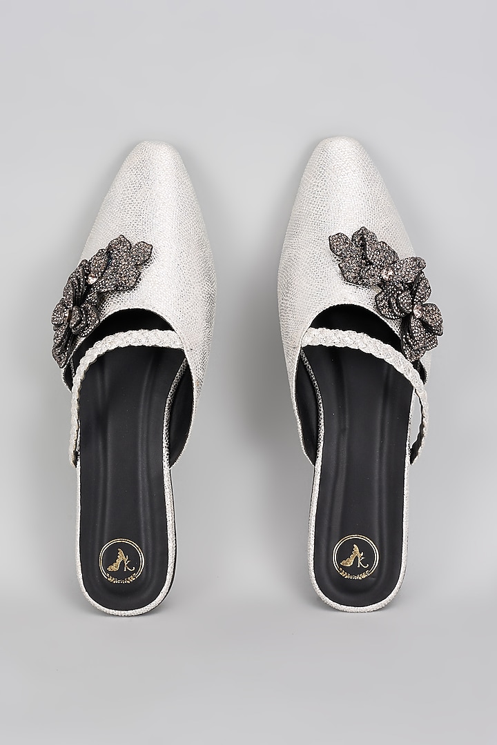 Silver Vegan Synthetic & Faux Leather Diamond Embellished Mules by Sana K Luxurious Footwear