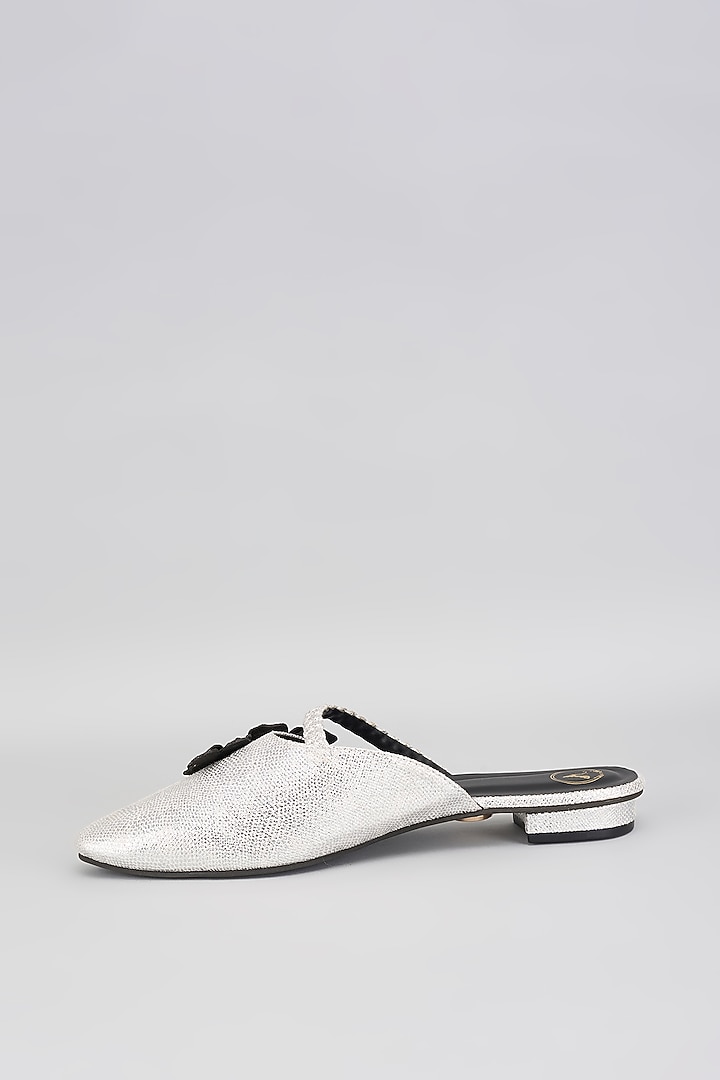 Silver Vegan Synthetic & Faux Leather Diamond Embellished Mules by Sana K Luxurious Footwear at Pernia's Pop Up Shop
