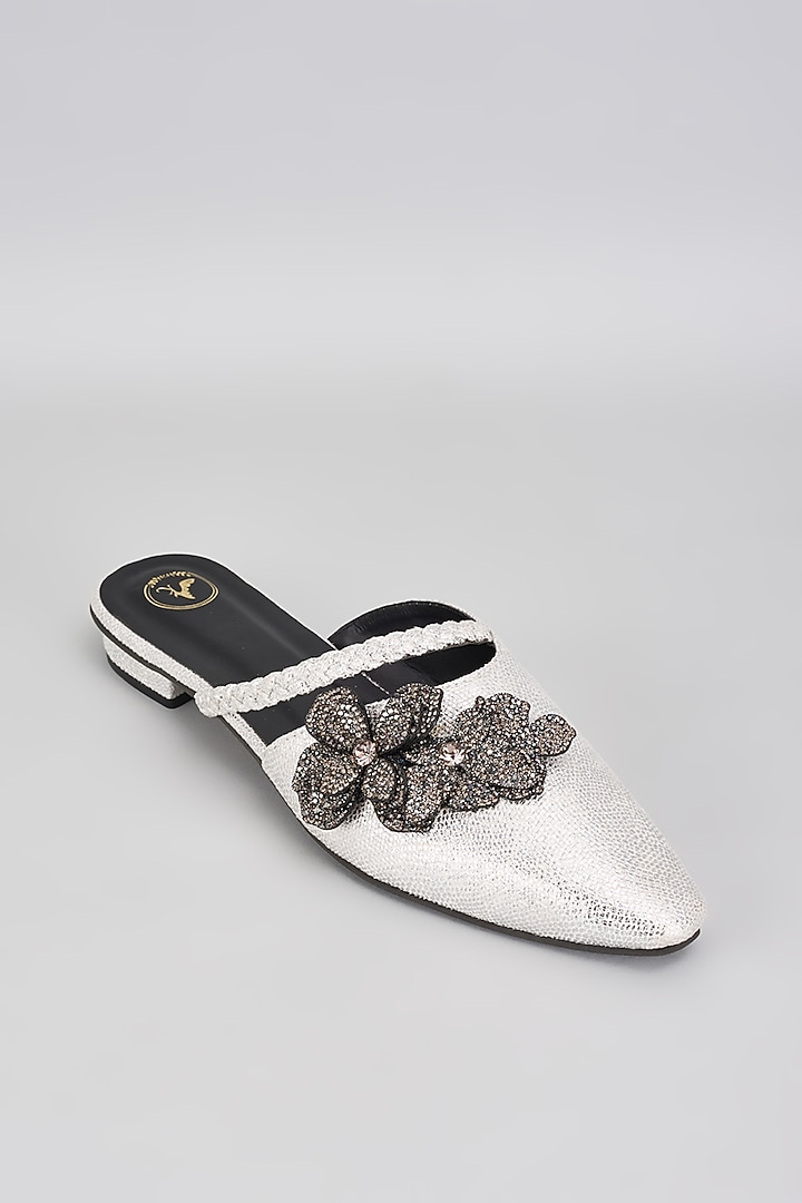 Silver Vegan Synthetic & Faux Leather Diamond Embellished Mules by Sana K Luxurious Footwear at Pernia's Pop Up Shop