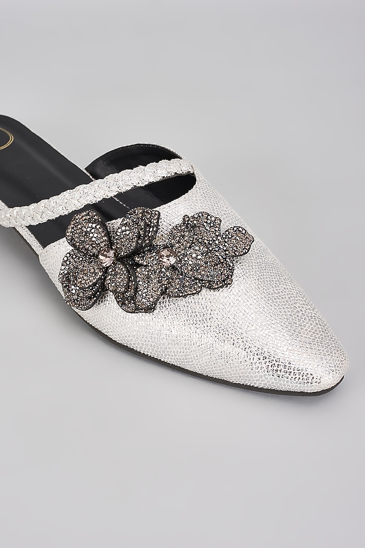 Silver Vegan Synthetic & Faux Leather Diamond Embellished Mules by Sana K Luxurious Footwear at Pernia's Pop Up Shop