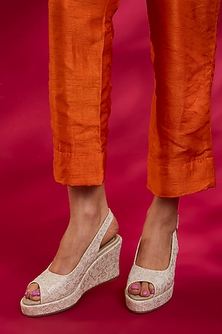 Gold PU & Synthetic Leather Peep-Toe Wedges by Sana K Luxurious Footwear