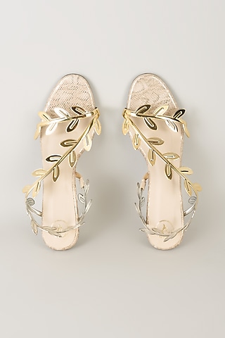 Gold PU & Synthetic Leather Kitten Heels by Sana K Luxurious Footwear