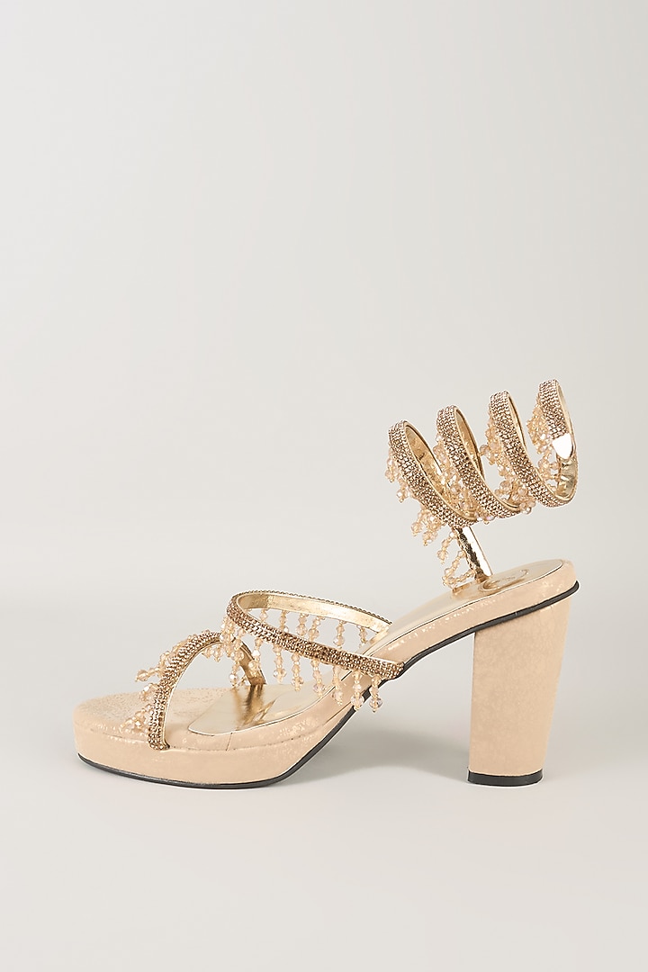 Gold PU & Synthetic Leather Heels by Sana K Luxurious Footwear at Pernia's Pop Up Shop