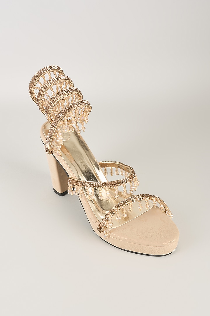 Gold PU & Synthetic Leather Heels by Sana K Luxurious Footwear at Pernia's Pop Up Shop