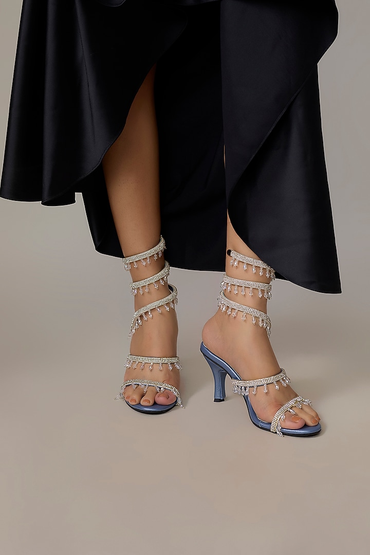 Blue PU & Synthetic Leather Heels by Sana K Luxurious Footwear at Pernia's Pop Up Shop