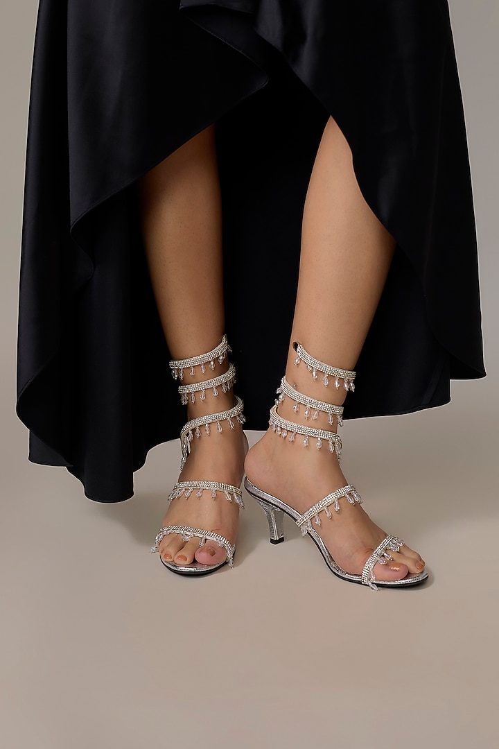 Silver PU & Synthetic Leather Heels by Sana K Luxurious Footwear at Pernia's Pop Up Shop