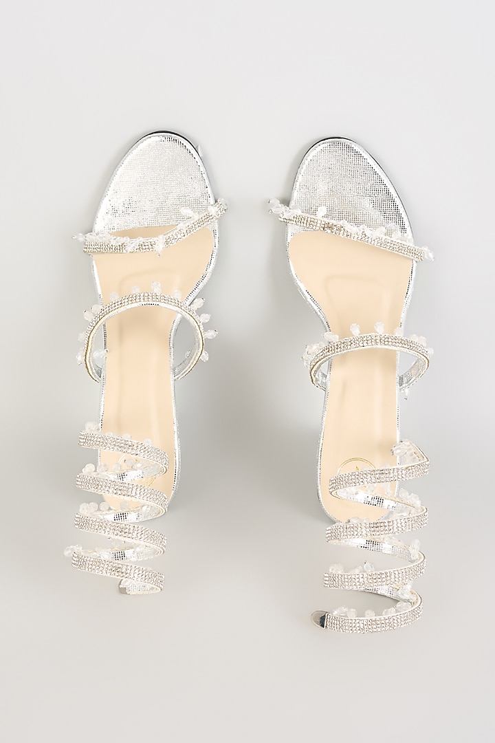 Silver PU & Synthetic Leather Heels by Sana K Luxurious Footwear at Pernia's Pop Up Shop
