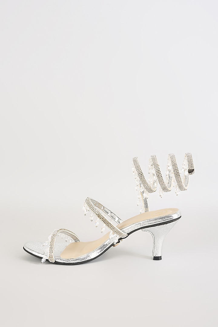 Silver PU & Synthetic Leather Heels by Sana K Luxurious Footwear at Pernia's Pop Up Shop