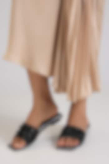 Black PU & Synthetic Leather Square Half Heels by Sana K Luxurious Footwear at Pernia's Pop Up Shop