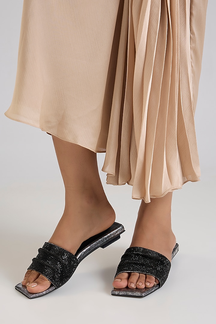 Black PU & Synthetic Leather Square Half Heels by Sana K Luxurious Footwear at Pernia's Pop Up Shop