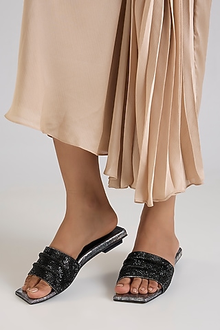 Black PU & Synthetic Leather Square Half Heels by Sana K Luxurious Footwear