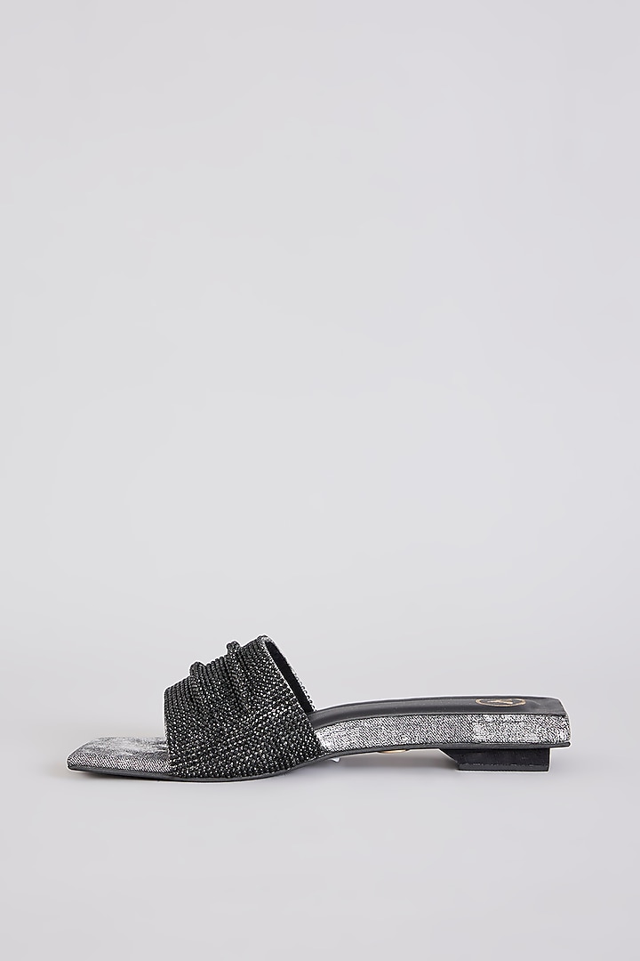 Black PU & Synthetic Leather Square Half Heels by Sana K Luxurious Footwear at Pernia's Pop Up Shop