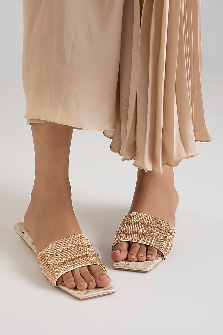 Gold PU & Synthetic Leather Square Half Heels by Sana K Luxurious Footwear at Pernia's Pop Up Shop