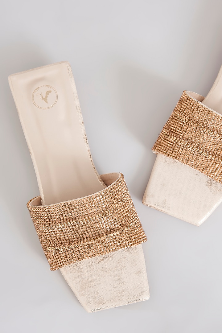Gold PU & Synthetic Leather Square Half Heels by Sana K Luxurious Footwear at Pernia's Pop Up Shop
