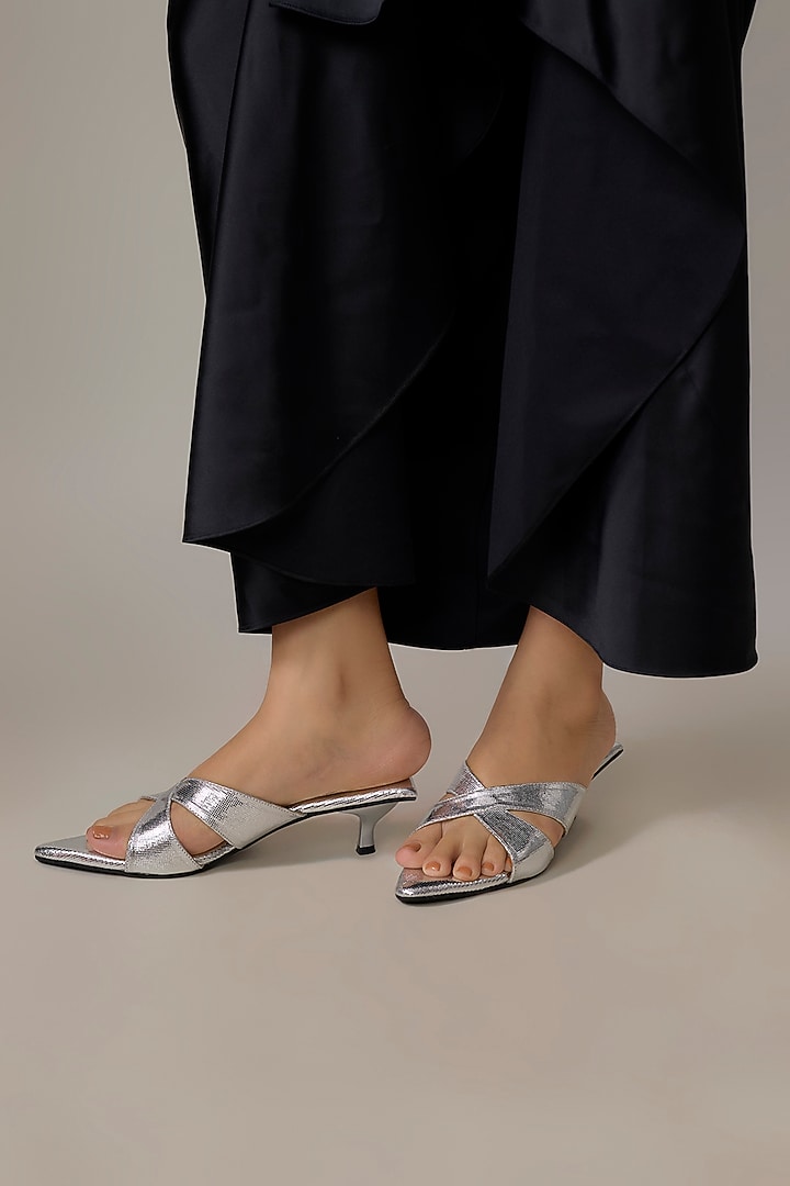 Silver PU & Synthetic Leather Kitten Heels by Sana K Luxurious Footwear at Pernia's Pop Up Shop