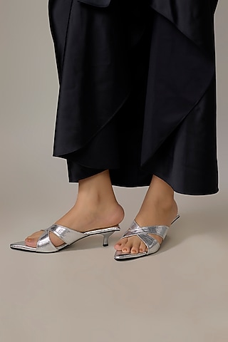 Silver PU & Synthetic Leather Kitten Heels by Sana K Luxurious Footwear
