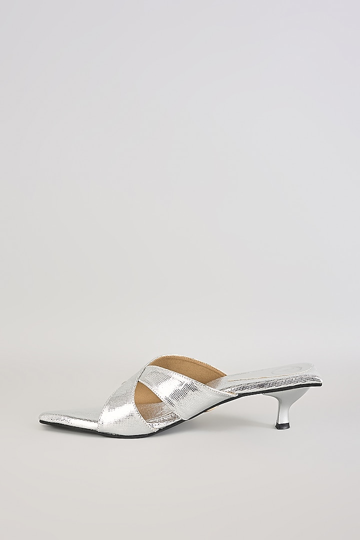 Silver PU & Synthetic Leather Kitten Heels by Sana K Luxurious Footwear at Pernia's Pop Up Shop