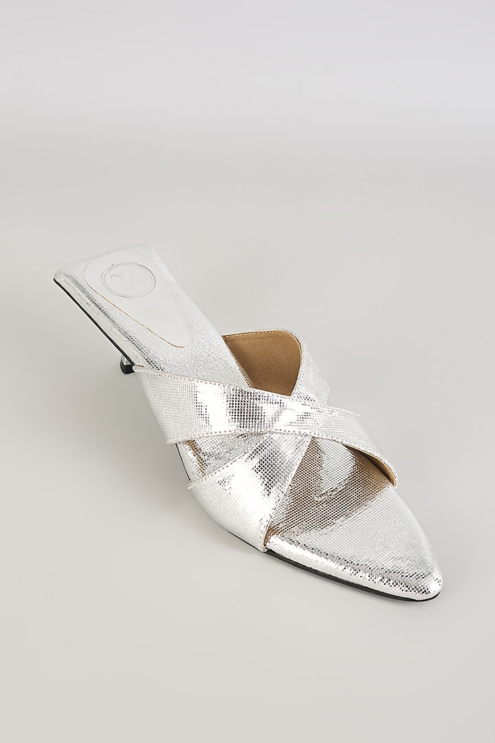 Silver PU & Synthetic Leather Kitten Heels by Sana K Luxurious Footwear at Pernia's Pop Up Shop