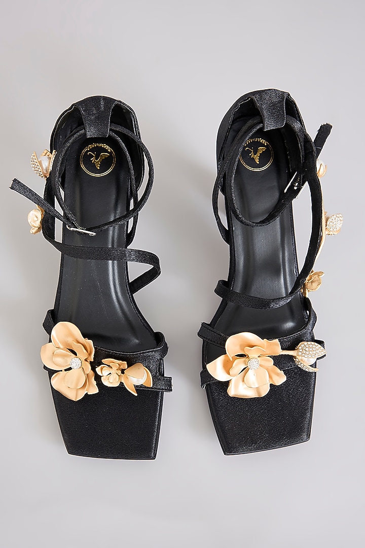 Black PU & Synthetic Leather Floral Heels by Sana K Luxurious Footwear at Pernia's Pop Up Shop