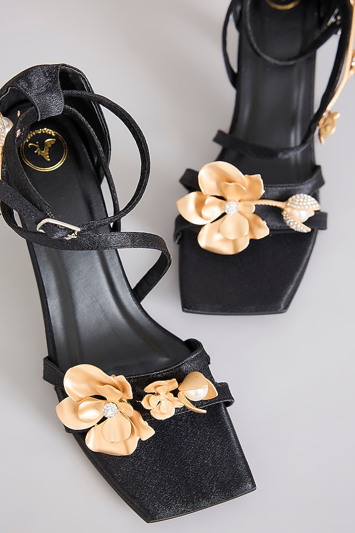 Black PU & Synthetic Leather Floral Heels by Sana K Luxurious Footwear at Pernia's Pop Up Shop