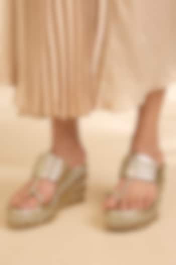 Gold Synthetic Leather Embellished Wedges by Sana K Luxurious Footwear at Pernia's Pop Up Shop