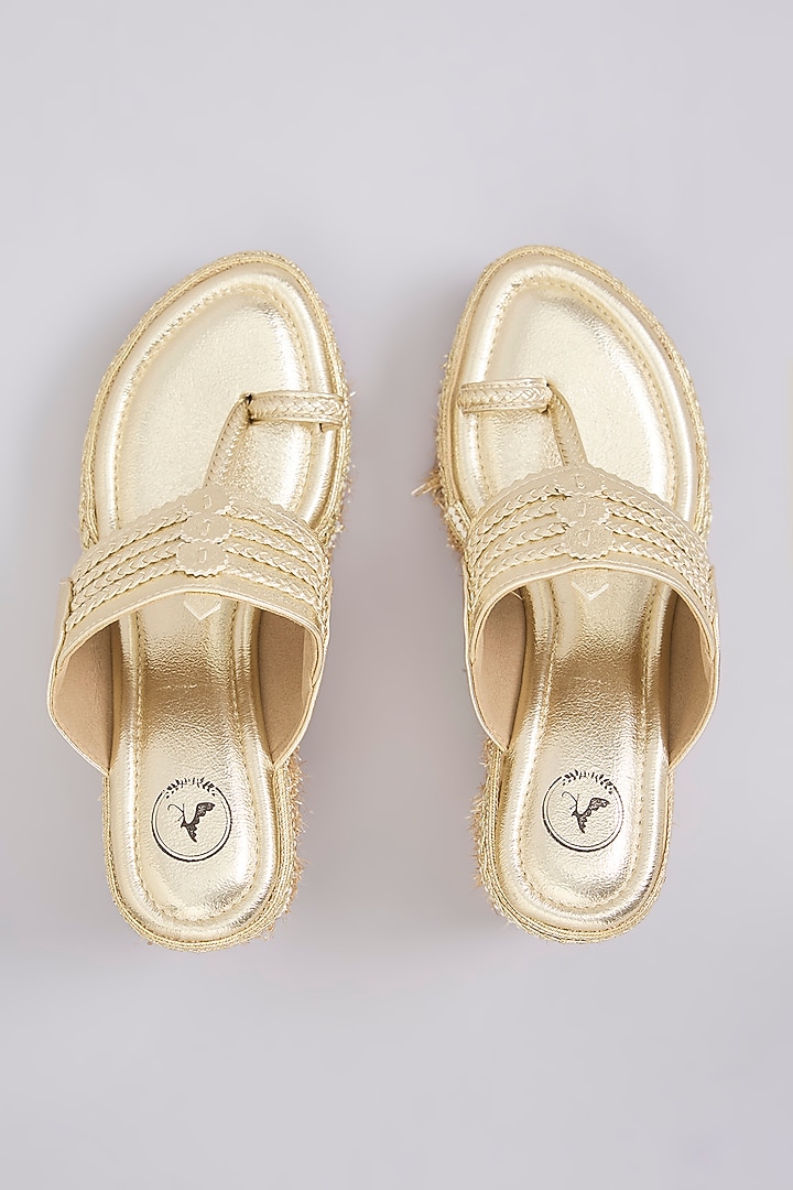 Gold Synthetic Leather Embellished Wedges by Sana K Luxurious Footwear at Pernia's Pop Up Shop