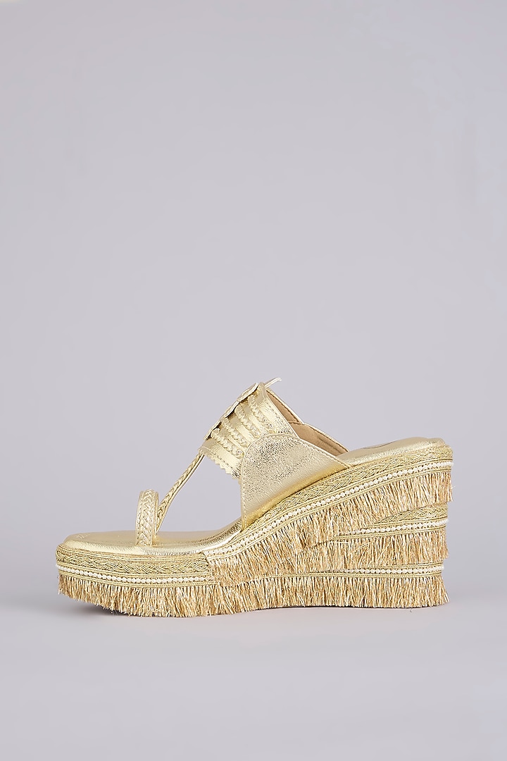 Gold Synthetic Leather Embellished Wedges by Sana K Luxurious Footwear at Pernia's Pop Up Shop